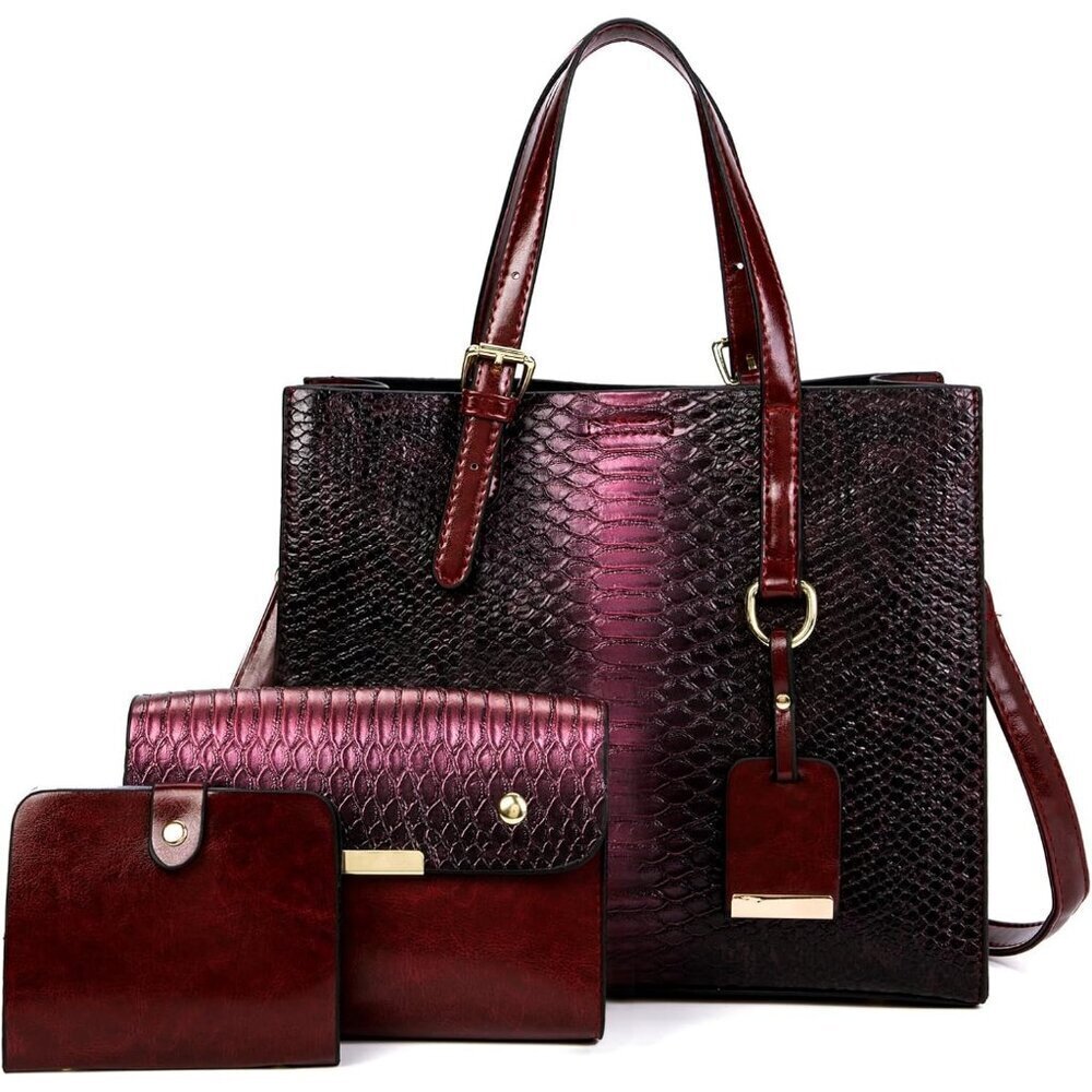 Women’s Burgundy 3 Pcs Crocodile Pattern Satchel Set | Stylish Tote & Purse Bags